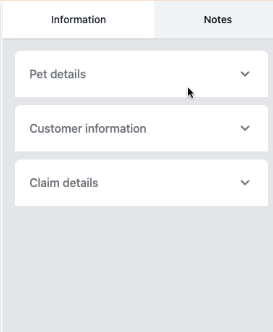 Contextual information panel with pet details, customer information and claim details.